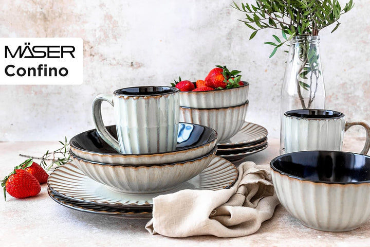 MÄSER 931963 Serie Confino Geschirr Set Für 4 Personen Im Modernen Vintage Look, 20-Teiliges Kombiservice Aus Keramik in Beige Mit Schwarzen Akzenten, Steinzeug Naty Shop
