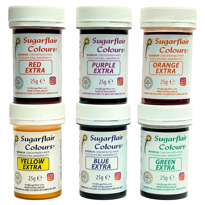Sugarflair Lebensmittelfarbe Max Konzentriert Set/6, Max Concentrate Paste Colour Lebensmittel Farbstoff Hoch Konzentriert, EXTRA Blue, Red, Orange, Yellow, Green, Purple - 6X25G Naty Shop