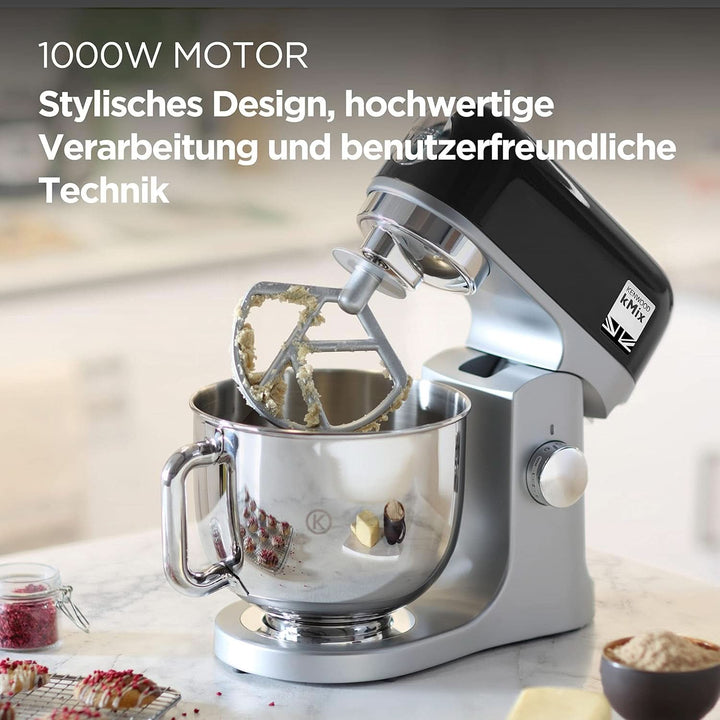 Kenwood Kmix KMX750BK Küchenmaschine, 5 L Edelstahl Schüssel, Safe-Use-Sicherheitssystem, Metallgehäuse, 1000 Watt, Inkl. 3-Teiligem Patisserie-Set Und Spritzschutz, Schwarz, 240X385X355 Naty Shop