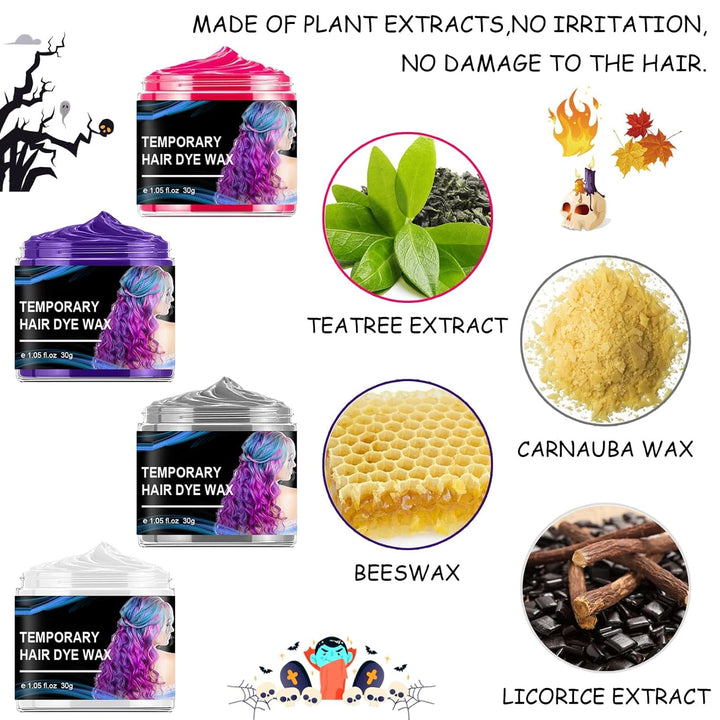 Vopsea de păr temporară de Halloween 4 culori, ceară de culoare pentru păr, Styling Hair Tone pentru bărbați femei, pentru Halloween Cosplay Party Vopsea pentru par Naty Shop