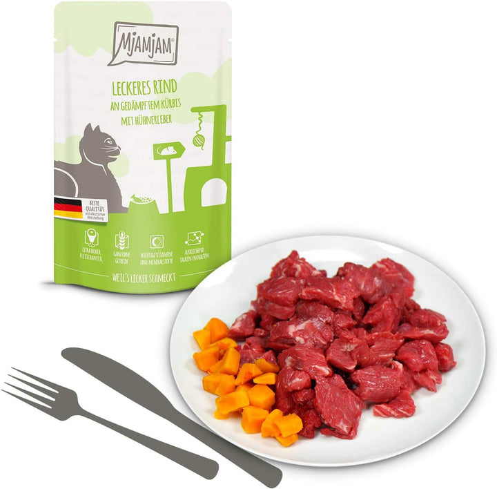 Mjamjam - Hrană umedă premium pentru pisici - Mixpack I - pui, vită, inimi, pachet de 12 (12 X 125 G), fără cereale cu extra carne