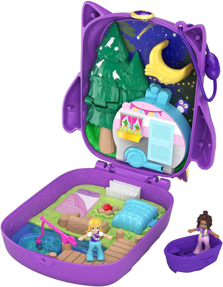 Polly Pocket GTN15 - Cutie de cafea cu arici în design de cafenea și animal de companie, păpușă și prieten mic Polly, 2 figuri de animale, efecte surpriză, cadou de jucărie minunat pentru copii cu vârsta peste 4 ani Papusi Naty Shop Singur Campingul bufnițelor de noapte