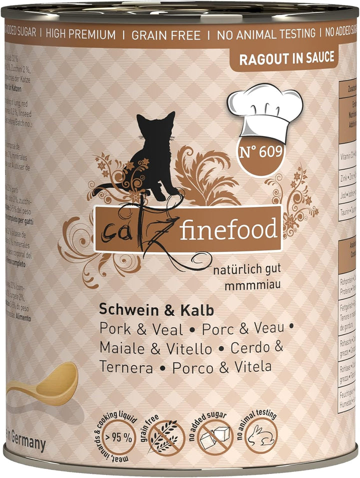 Catz Finefood Ragout N° 605 Salmon & Duck Cat Food Wet - hrană umedă delicatessen pentru pisici în sos fără cereale și zahăr cu conținut ridicat de carne, cutie 6 X 190 G