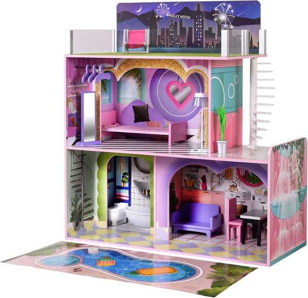 Olivia's Little World Big Dreamland Sunset Contemporary Casa de păpuși interactivă din lemn pentru copii 3 etaje cu 16 accesorii de mobilier pentru păpuși Multi TD-13616A Casute de papusi Naty Shop Titlu implicit