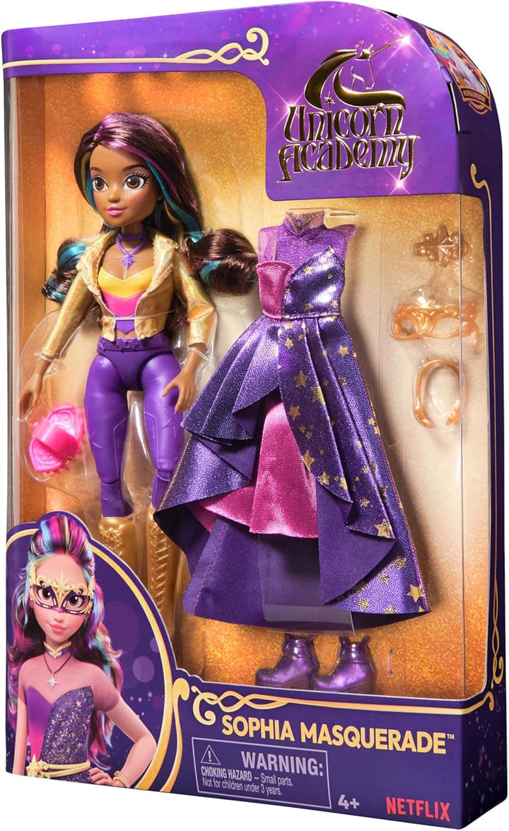 Unicorn Academy Deluxe Masked Ball Sophia - păpușă de 24 cm din popularul serial Netflix cu 2 ținute, dress-up clasic și joc de rol, vârsta 4+ Papusi Naty Shop