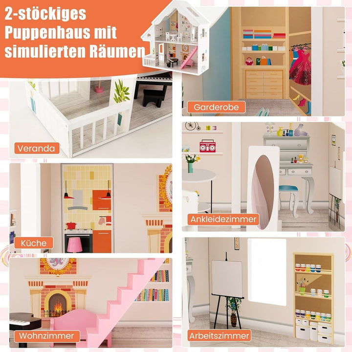FANTASK Casă de păpuși din lemn, casă de păpuși cu 2 etaje cu accesorii și mobilier, jucărie pentru păpuși de 28-36 cm, pentru copii cu vârsta de peste 3 ani Casute de papusi Naty Shop