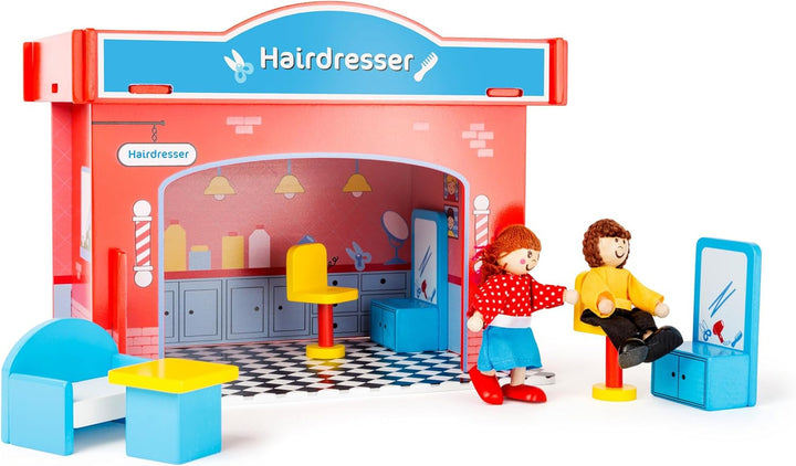 Small Foot 10852 Playhouse Restaurant Fabricat din lemn, Cu 2 figurine pentru păpuși, accesorii și acoperiș detașabil, De la 3 ani Casute de papusi Naty Shop Salon de coafură