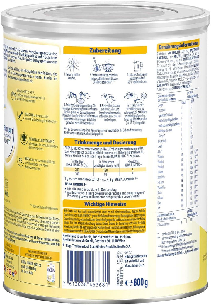Băutură cu lapte BEBA Junior 2+ de la a 2-a aniversare, mâncare pentru copii cu HMO 2'-FL, numai lactoză, fără ulei de palmier, pachet 6 (6 x 800 g) Mama si Copilul Naty Shop
