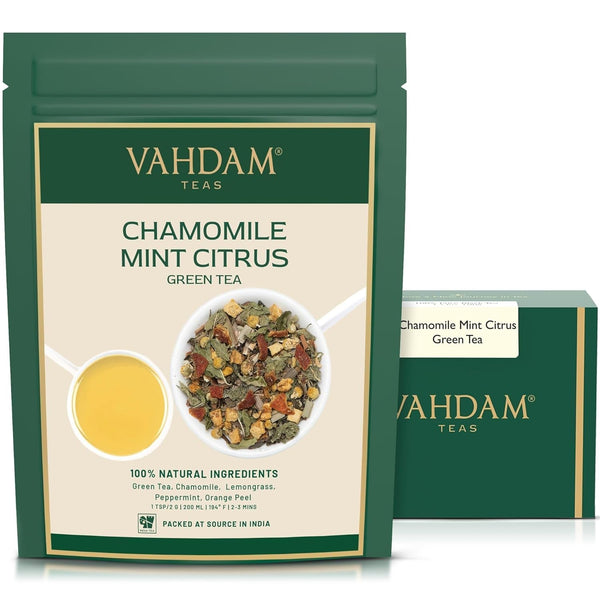 VAHDAM, ceai verde cu mușețel, mentă și citrice (100 g) Ceai natural 100% | Ceai verde, flori de mușețel, mentă, coji de portocală, ceai de mușețel | Direct de la sursa din India