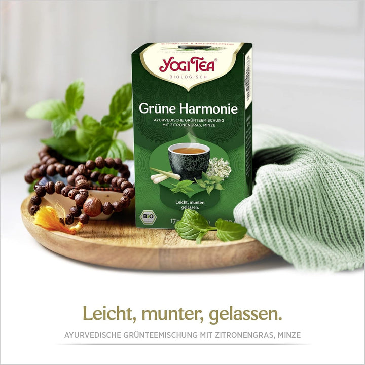 Yogi Tea - Armonie verde, ceai ayurvedic organic cu mirodenii și plante, amestec de ceai verde, lemongrass, mentă, Yogi Tea pachet de 3, 3X17 pliculețe (51 pliculețe de ceai în total), ideal ca cadou