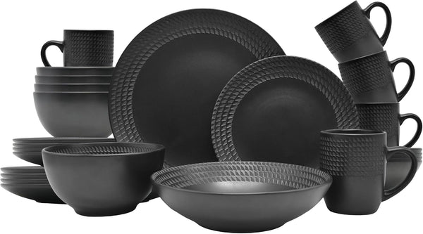 ECHTWERK 30-Teiliges Vintage Kombiservice "Blackstyle" Modern-Design, Für 6 Personen, Geschirrset Aus Steingut Mit 6 X Speiseteller, 6 X Beilagenteller, 6 X Schüssel, 6 X Teetassen, 6 X Suppenteller Seturi vesela masa Naty Shop 30-Teilig