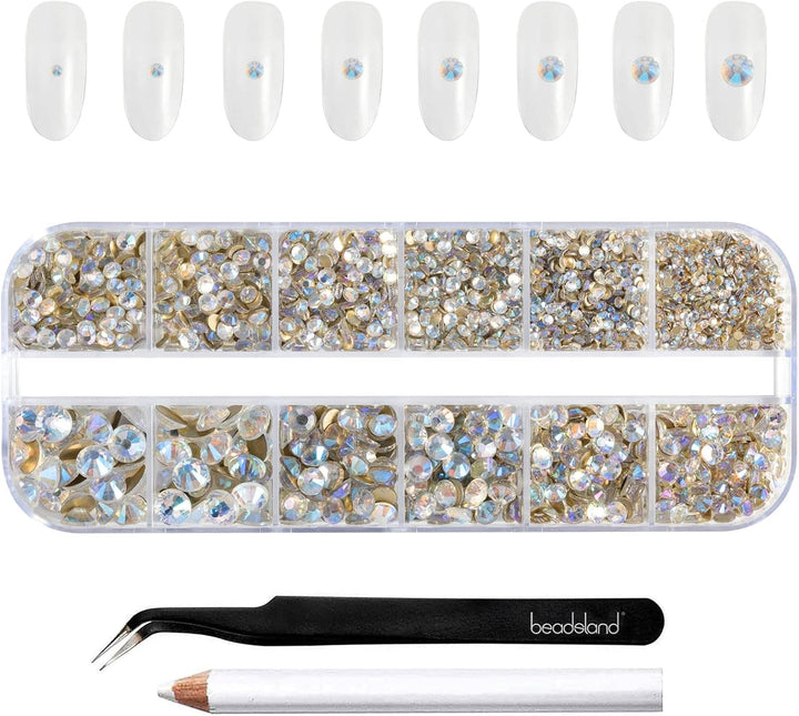 Beadsland 2500Pcs Glas Nailart Strasssteine Kristall Flatback Edelsteine Runde, ​​Für Handwerk Gemischt 8 Größen SS4 ~ SS30 Mit Picking Pinzette Und Stift (Kristall Weiss)
