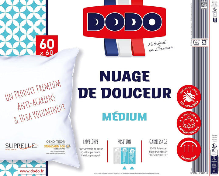 DODO Premium Pillow, 60 X 60 Cm, Medium Comfort, Perna Cloud De Douceur | Miteproof And Fluffy | Percale Cotton + Piping Lavabilă la mașină la 40 °C Perne standard Naty Shop