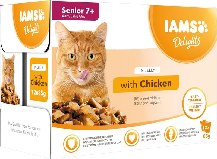 IAMS Delights Senior Cat Food Wet - Multipack cu pui în jeleu, hrană umedă de înaltă calitate pentru pisici mai în vârstă de la 7 ani, 12 X 85 G