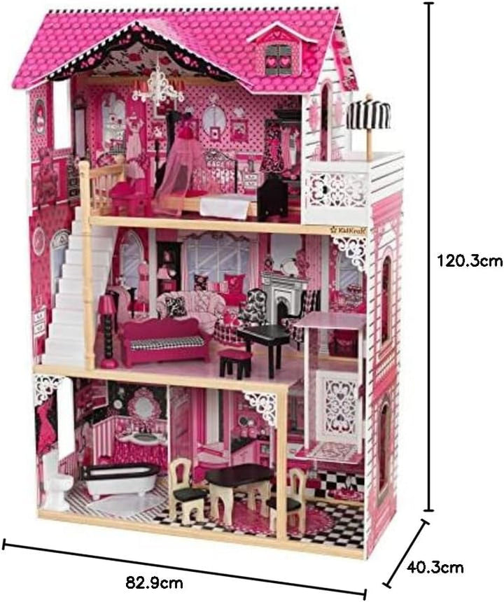 Casă de păpuși din lemn Kidkraft Amelia cu mobilier și accesorii, set de joacă cu balcon și lift pentru păpuși de 30 cm, jucărie pentru copii de la 3 ani, 65093 Casute de papusi Naty Shop