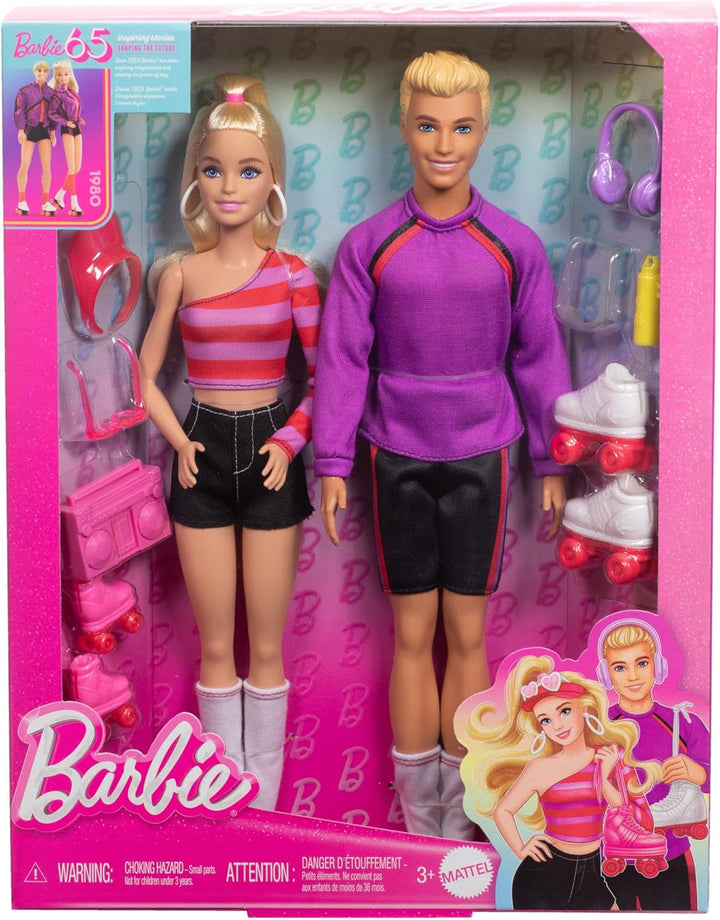 Set Barbie Fashionistas cu 2 păpuși de modă și 6 accesorii, păpuși de modă Barbie și Ken pe role, 65th Anniversary Collectible Figures, HXK90 Papusi Naty Shop