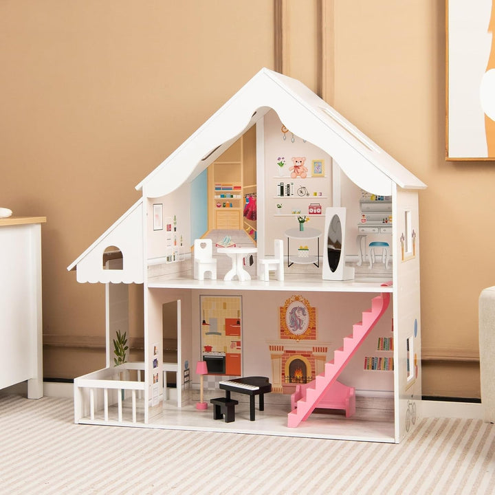 FANTASK Casă de păpuși din lemn, casă de păpuși cu 2 etaje cu accesorii și mobilier, jucărie pentru păpuși de 28-36 cm, pentru copii cu vârsta de peste 3 ani Casute de papusi Naty Shop