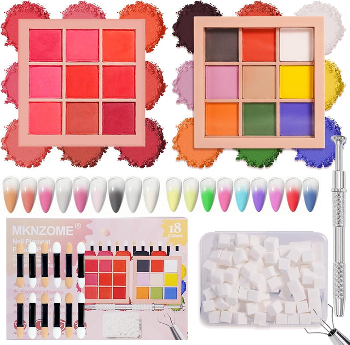 9 Farben Pigment Für Nägel, Nagelpulver Nail Powder 100 Stück Nail Art Schwamm Mit Metallgreifer, Ombre Glitzerpulver Nagelpuder Nailart Nagel Deko Für DIY Nageldesign, B