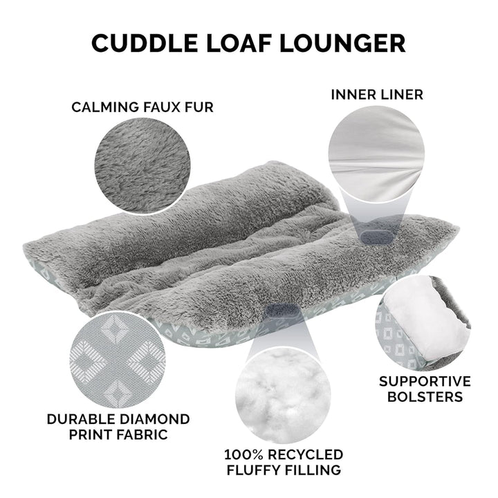 Pat pentru pisici de interior, lavabil, cu role de gât detașabile, pentru animale de companie de până la 4,1 kg – Covoraș de pluș cu imprimeu de diamant – Gri, mărimea S