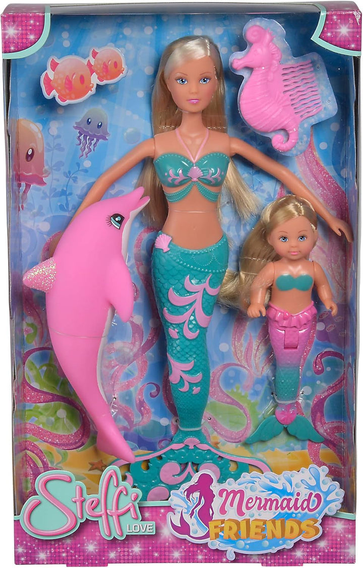 Simba 105733336 - Steffi LOVE Mermaid Friends, păpușă ca o sirenă magică cu sora Evi, figurină cu delfin și multe altele, jucărie pentru copii de la 3 ani în sus Papusi Naty Shop