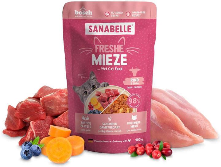 Sanabelle Freshe Mieze - Carne de vită și pui | Pungi de 100 g complet reciclabile | Hrană umedă gătită cu aburi pentru pisici | Hrană pentru pisici ca proaspăt gătită | O marcă Bosch Pet Food