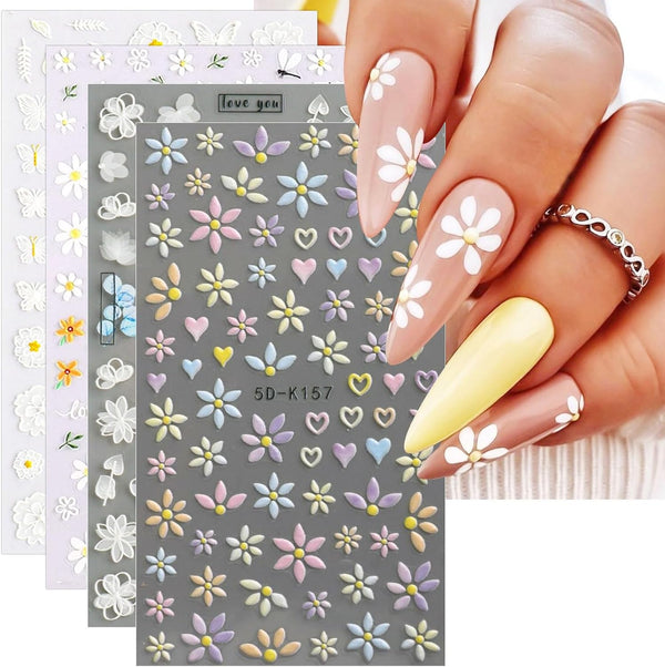 JMEOWIO 3D Nagelsticker Blume Frühlings Nail Art Sticker Selbstklebend Nagelaufkleber 5D Stereoskopisch Sommer Bunter Blumen Dekoration Nageldesign Zubehör 4 Blatt