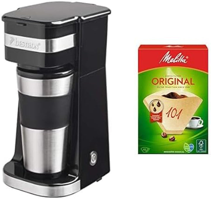 Espressor Bestron cu cană izolată, espressor de camping pentru cafea măcinată la filtru, espressor mic pentru 2 cești mari, 750 wați, culoare: negru/argintiu