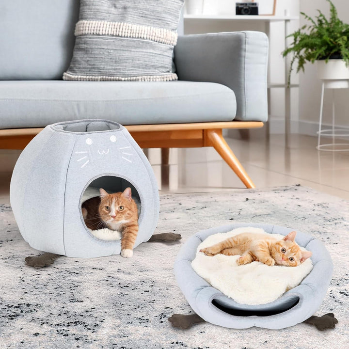 Pat pentru pisici, peșteră pliabilă pentru pisici, 40 x 40 x 35 cm (L x l x Î) căsuță pentru pisici de interior cu pernă detașabilă din sherpa, pat pentru pisici, cort pentru pisici de casă, albastru