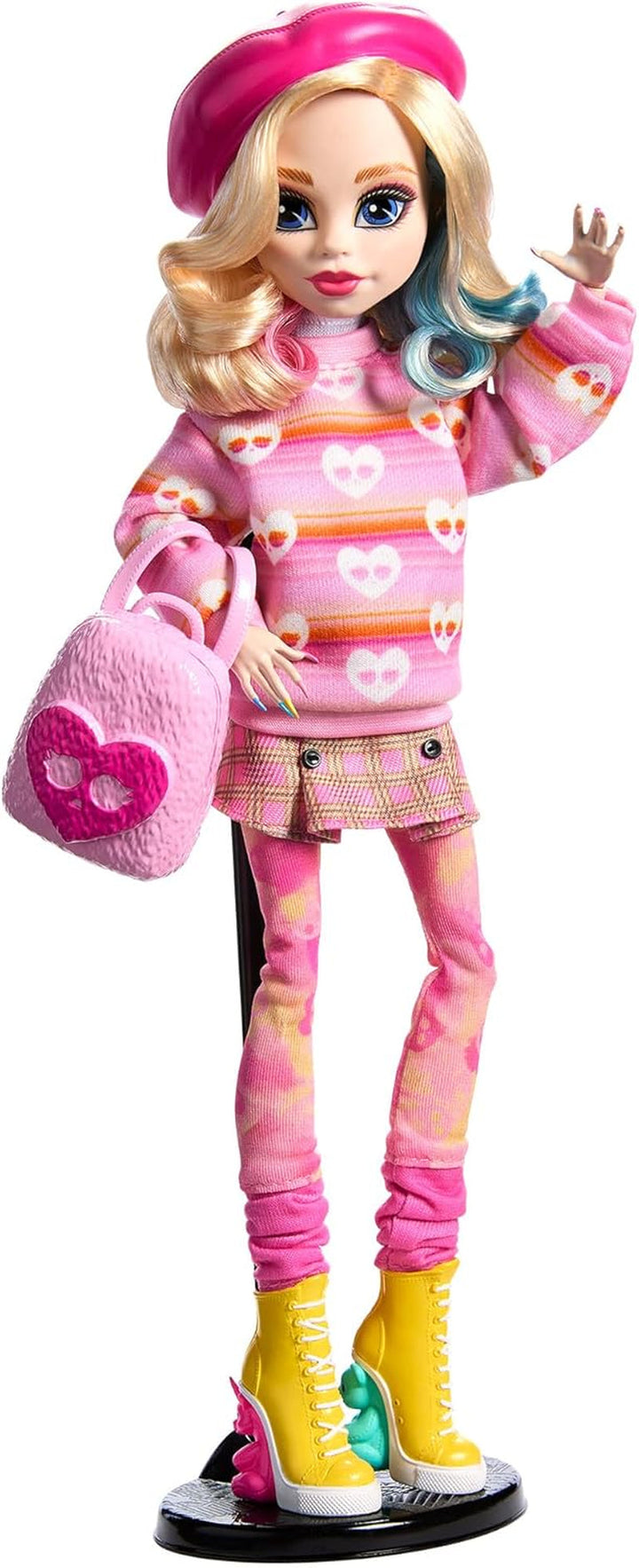 Păpușă și accesorii Monster High Wednesday, Enid Sinclair figurină de colecție în roz cu beretă și rucsac, suport pentru păpușă, HXJ05 Papusi Naty Shop