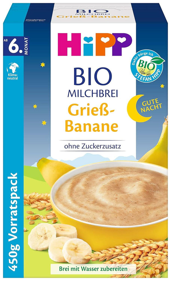 Hipp terci de lapte organic fără adaos de zahăr, semolina si banana, pachet de stocare (4X450 grame) Mama si Copilul Naty Shop 4 x 450 grame Gris cu banane