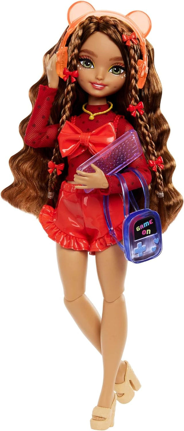 Păpușă Barbie Dream Besties și accesorii, păpușă de modă Teresa mobilă cu păr castaniu și agrafe de păr, 10 bucăți temă jocuri video, HYC23 Papusi Naty Shop Jocuri video