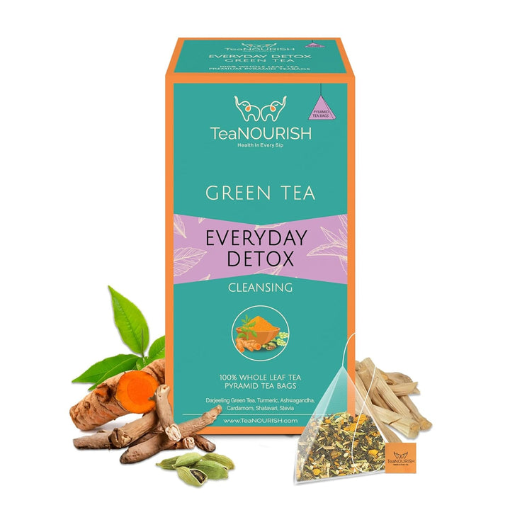 Teanourish Ghimbir Tulsi Ceai verde | 20 pliculețe de ceai piramidale | Darjeeling frunze întregi | Superalimente indiene Ghimbir, Tulsi &amp; Lemn dulce | Ameliorează stresul și favorizează digestia