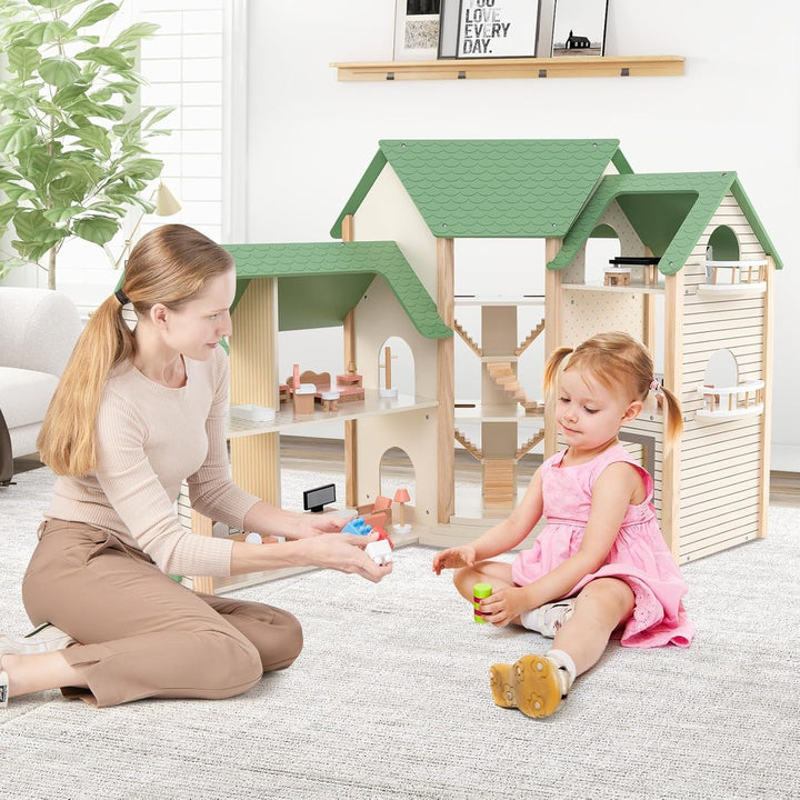 Casă de păpuși din lemn FANTASK, casă de păpuși de 83 cm înălțime cu 36 de piese de mobilier și accesorii, vilă de păpuși cu 6 camere, terasă și garaj, cadou pentru fete de la 3 ani Casute de papusi Naty Shop