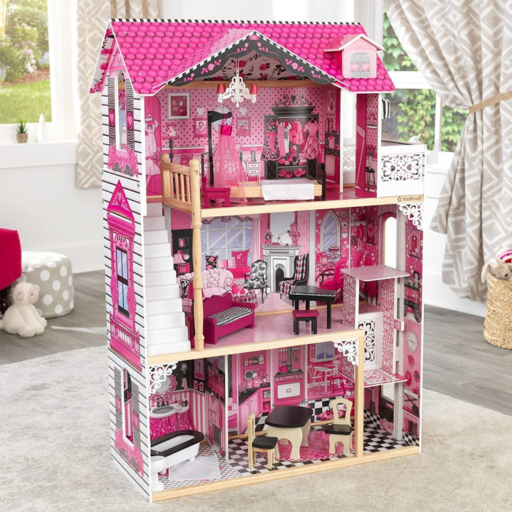 Casă de păpuși din lemn Kidkraft Amelia cu mobilier și accesorii, set de joacă cu balcon și lift pentru păpuși de 30 cm, jucărie pentru copii de la 3 ani, 65093 Casute de papusi Naty Shop