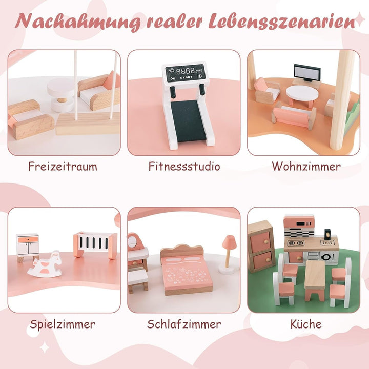 Casă de păpuși din lemn FANTASK, casă de păpuși de 85 cm înălțime 7 camere cu 32 de mobilier și accesorii, vilă de păpuși cu scară de frânghie, cadou de casă de păpuși pentru fete de la 3 ani (Model 3) Casute de papusi Naty Shop