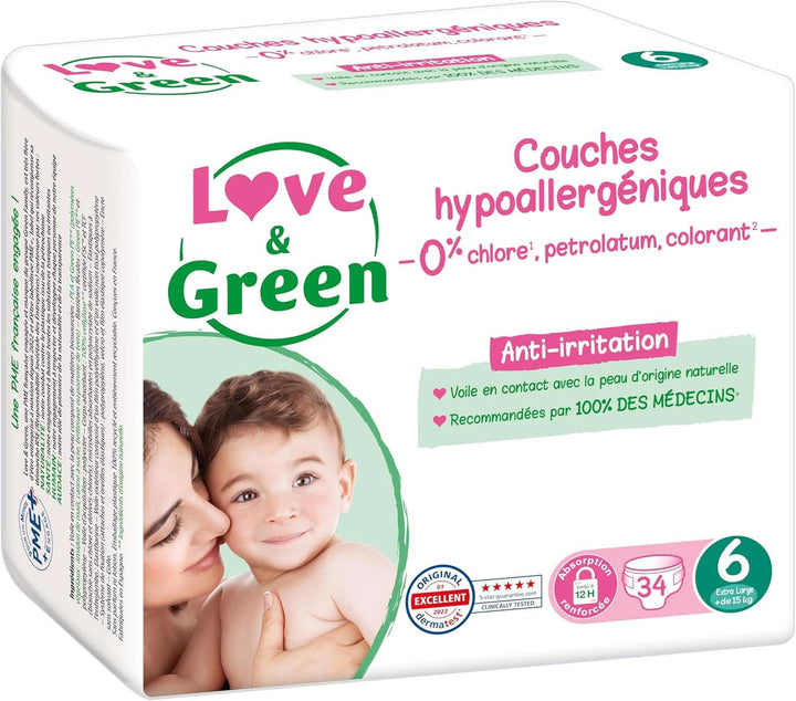 Love & Green, Scutece pentru bebeluși, hipoalergenice, mărimea 6 (34 unități) Mama si Copilul Naty Shop
