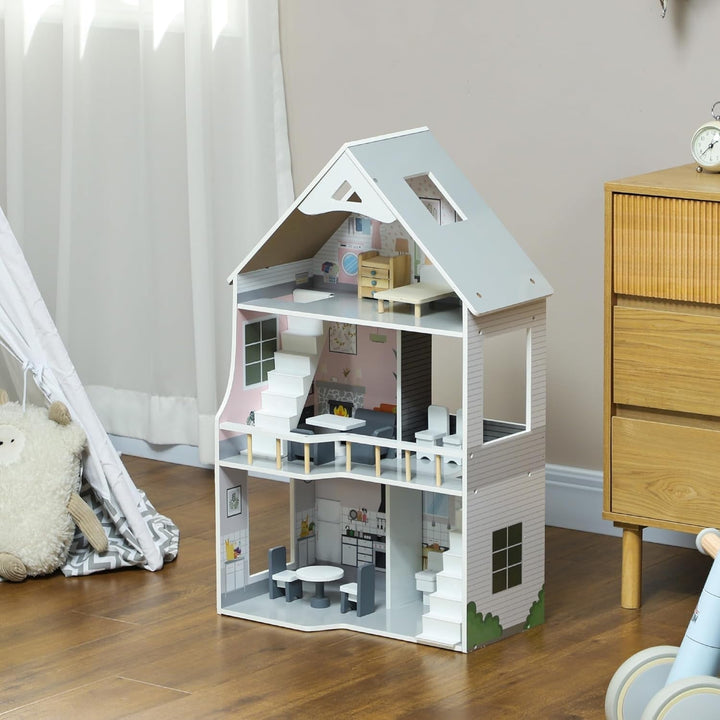 AIYAPLAY Casă de păpuși din lemn, casă de joacă cu 3 etaje cu 13 piese de mobilier, accesorii, 85,3 cm înălțime Casă de păpuși pentru copii de 3-6 ani, gri Casute de papusi Naty Shop