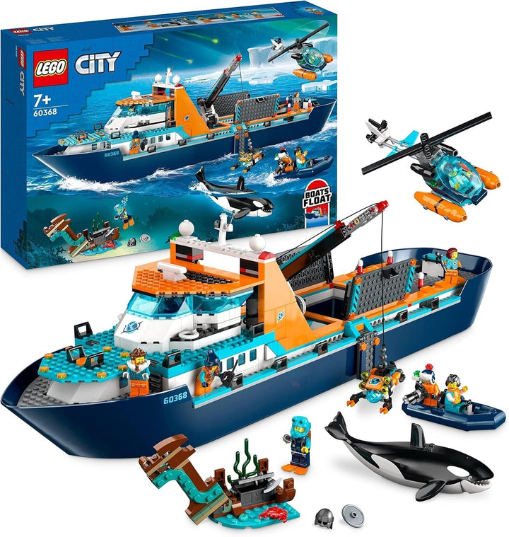 LEGO City Arctic Research Ship, barcă mare de jucărie plutitoare cu elicopter, barcă pneumatică, submarin Rov, epavă vikingă, 7 minifigurine și figură Orca, cadou pentru copii cu vârsta de 7+ 60368 Seturi de constructie Besuche den LEGO-Store Singur