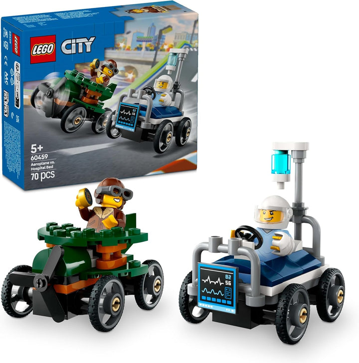 LEGO City Airplane Vs. Hospital Bed Race Car Set - Jucărie Soapbox pentru băieți și fete de la 5 ani - Set de construcție cu 2 minifigurine - Cadou aniversar și de vacanță 60459 Seturi de constructie Besuche den LEGO-Store Titlu implicit