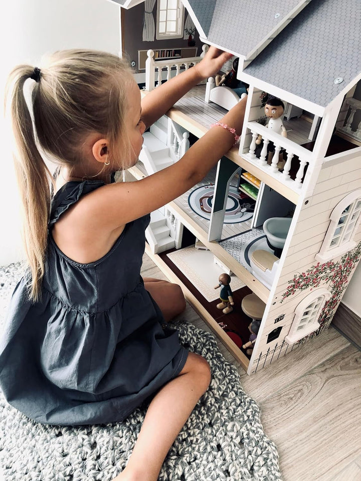 Casă de păpuși Small Foot Vilă de oraș din lemn, cu 3 etaje, față deschisă și 12 mobilier, pentru copii de la 3 ani, 11802, alb gri Casute de papusi Naty Shop