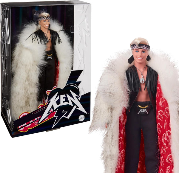 Barbie the Movie păpușă Ken de colecție purtând haină mare din blană artificială și vestă neagră cu franjuri și bandană, HRF31 Papusi Naty Shop Jucărie_Figură