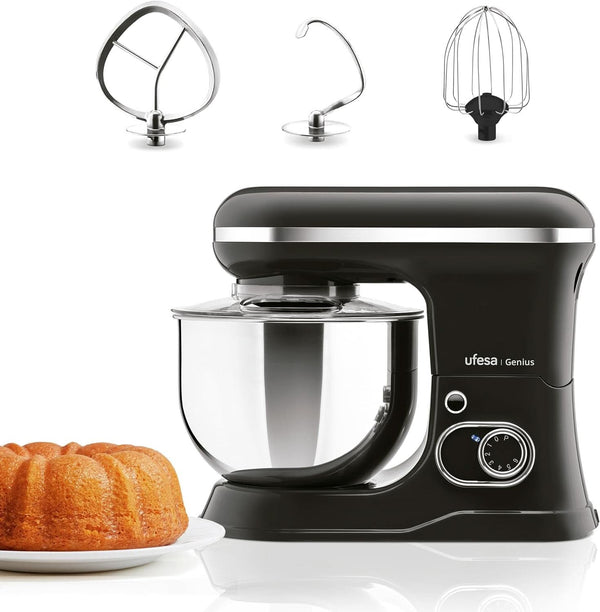 Ufesa Genius 5-In-1 Küchenmaschine Für Professionelle Backwaren, 1200W, 5L, Multifunktions-Küchenroboter, Edelstahl-Schüssel, 6 Geschwindigkeiten + Turbo, 3 Zubehörteile Enthalten, Bpa-Frei Mama si Copilul Naty Shop Schwarz / Edelstahl