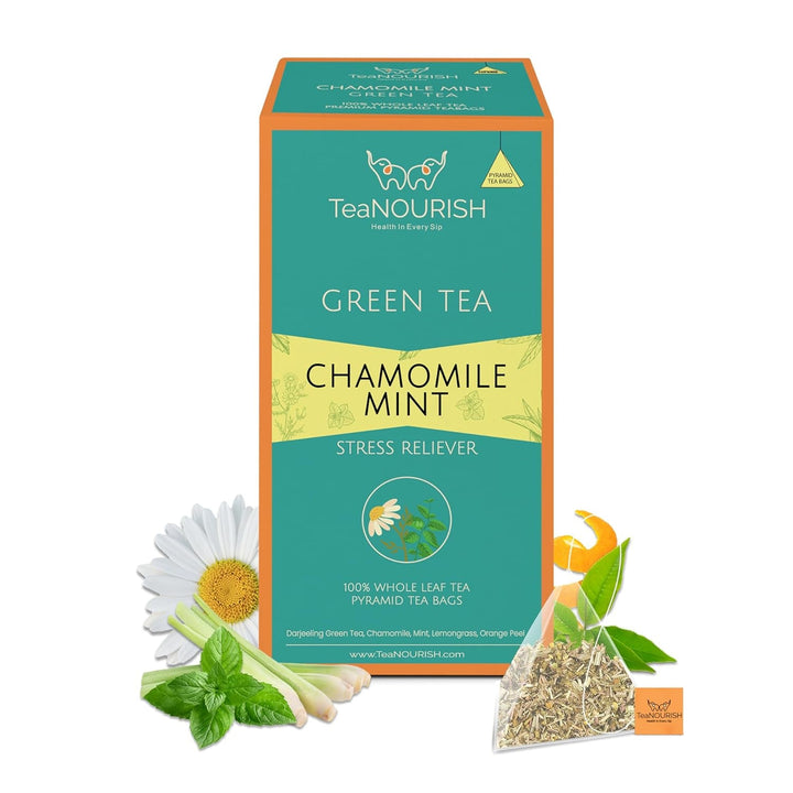 Teanourish Ghimbir Tulsi Ceai verde | 20 pliculețe de ceai piramidale | Darjeeling frunze întregi | Superalimente indiene Ghimbir, Tulsi &amp; Lemn dulce | Ameliorează stresul și favorizează digestia