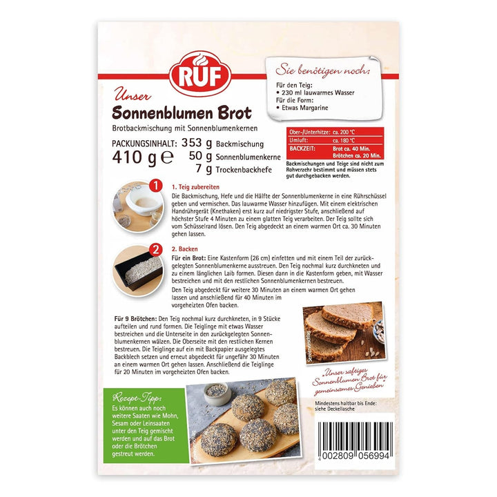 RUF Sonnenblumen Brot, Nur Wasser Hinzufügen, Brotbackmischung Mit Sonnenblumenkernen, Brotteigmischung Mit Roggen-Sauerteig Und Hefe Für Sonnenblumenkernbrot, 1 X 410G Naty Shop