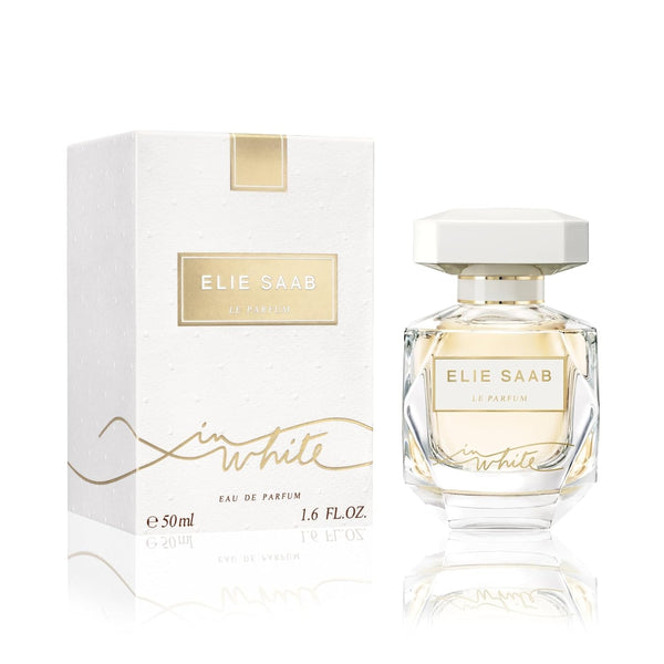 Elie Saab Le Parfum in White 50 ml – Apă de parfum pentru femei – Parfum chypre fructat – Note vibrante de fructe roșii, pară și paciuli – Sticlă transparentă din sticlă