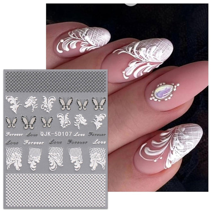 JMEOWIO 3D Nagelsticker Schwarz Weiß Blume Nail Art Sticker Selbstklebend Nagelaufkleber 5D Stereoskopisch Blumen Dekoration Nageldesign Zubehör 4 Blatt