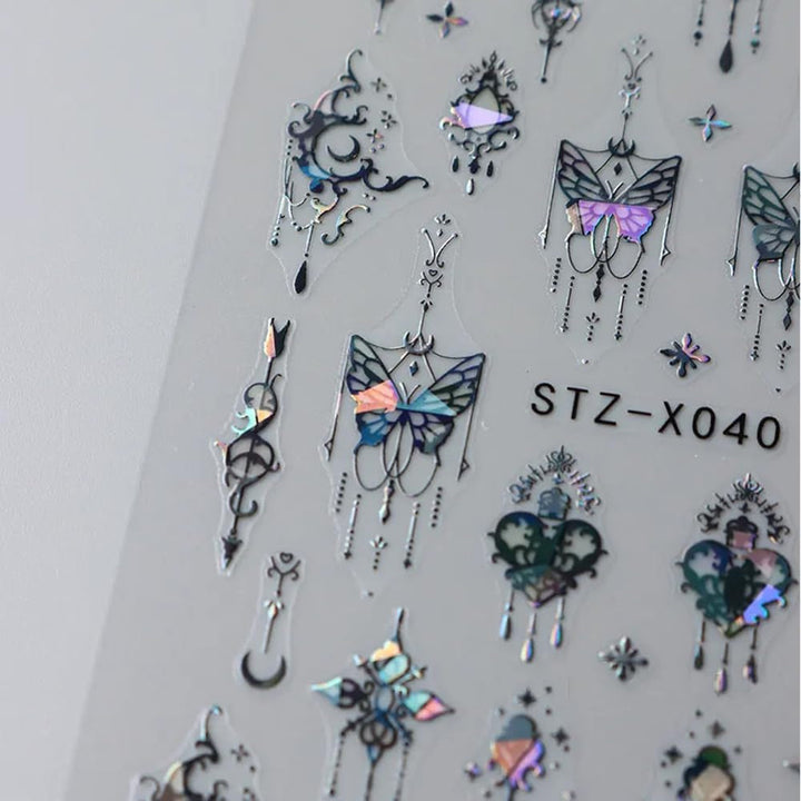 3D Metallic Schwarz Schmetterling Nagelsticker - Laser Pink Aurora Nagelaufkleber - Punk Butterfly Nail Art Stickers - Silver Nail Sticker - Nageldesign Zubehör