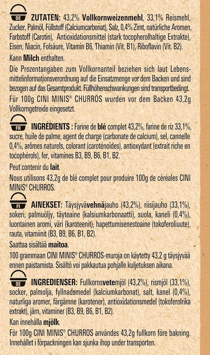 CINI MINIS Churros cereale pentru micul dejun cu 42% făină integrală, 360 grame Naty Shop