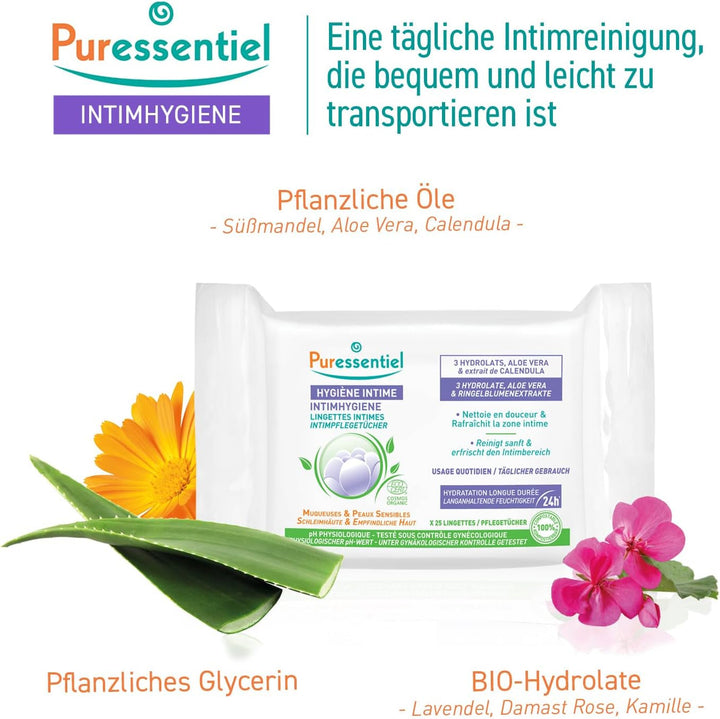 Puressentiel - Igienă intimă - Șervețele intime - Curățare și reîmprospătare - Mucoase și piele sensibile - Hidratare de lungă durată 24 de ore - Pentru uz zilnic - X25 buc.