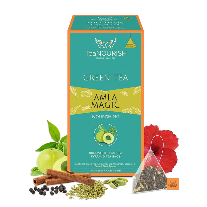 Teanourish Ghimbir Tulsi Ceai verde | 20 pliculețe de ceai piramidale | Darjeeling frunze întregi | Superalimente indiene Ghimbir, Tulsi &amp; Lemn dulce | Ameliorează stresul și favorizează digestia